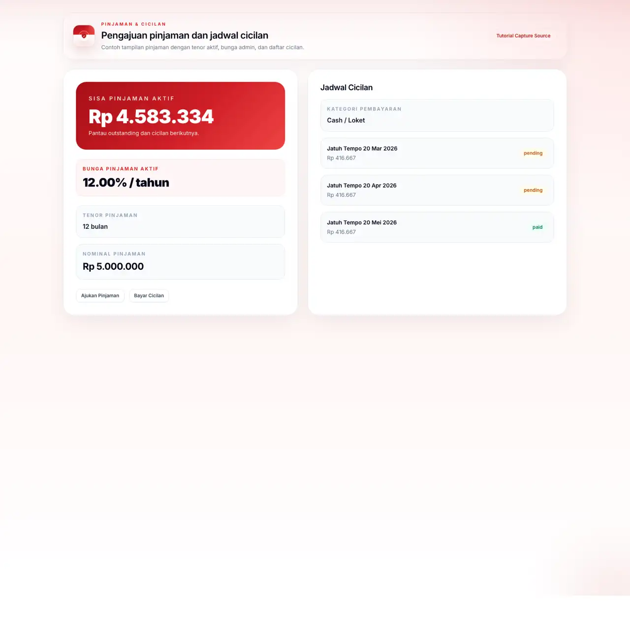 Screenshot halaman pinjaman dan cicilan anggota