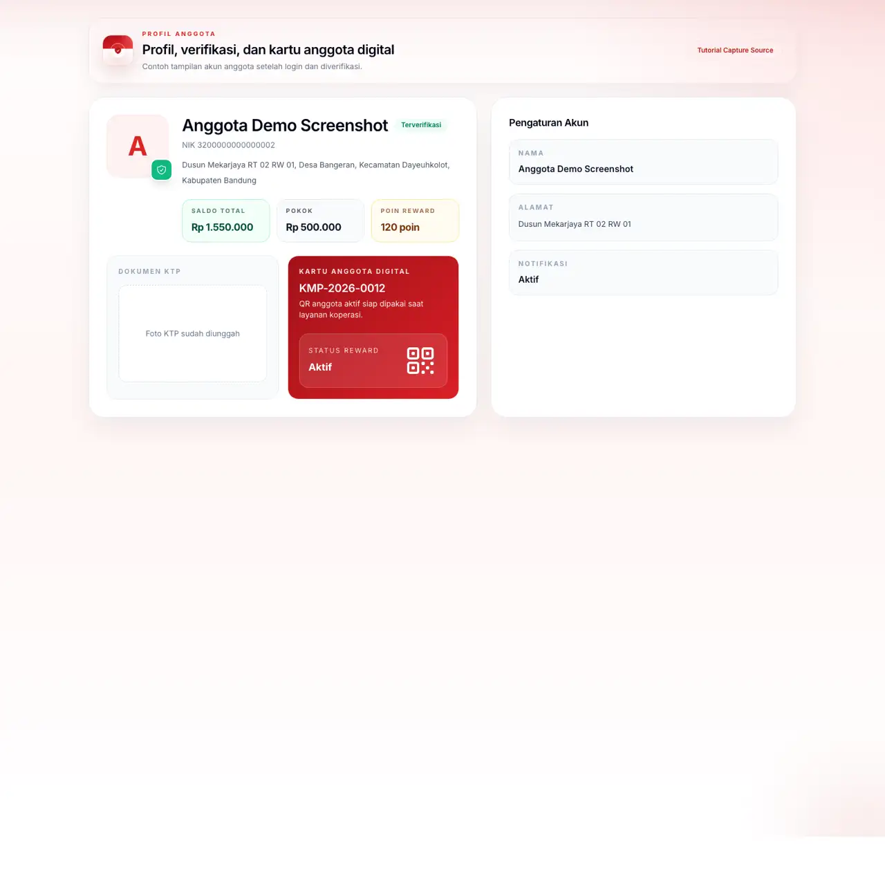 Screenshot halaman profil anggota dan kartu anggota digital